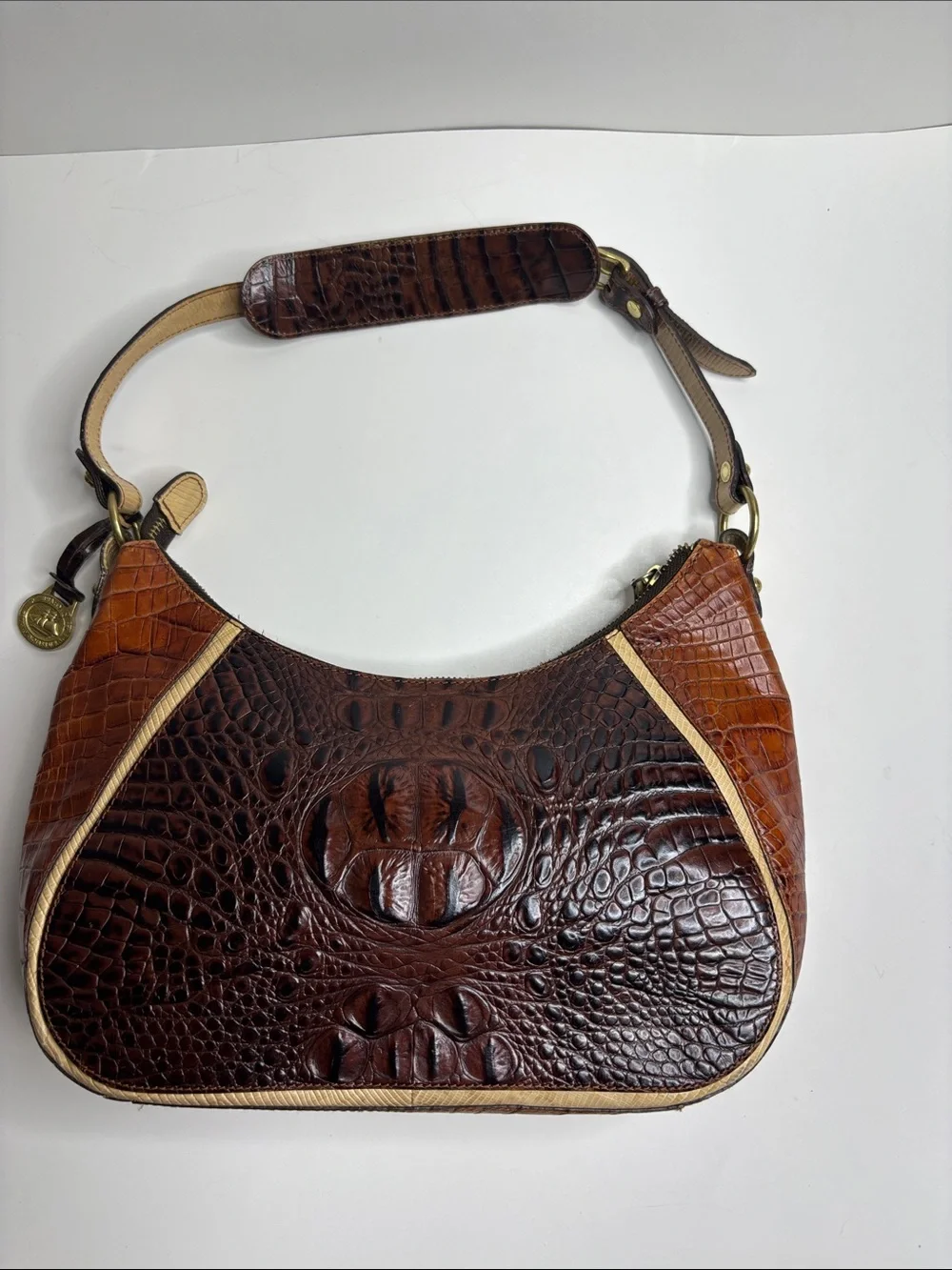 Brahmin Brown Croc-Embossed Satchel with Cream Trim